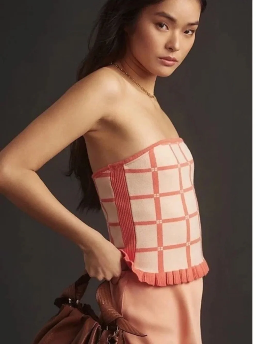 Anthropologie Coral and Cream Check Knit Bandeau